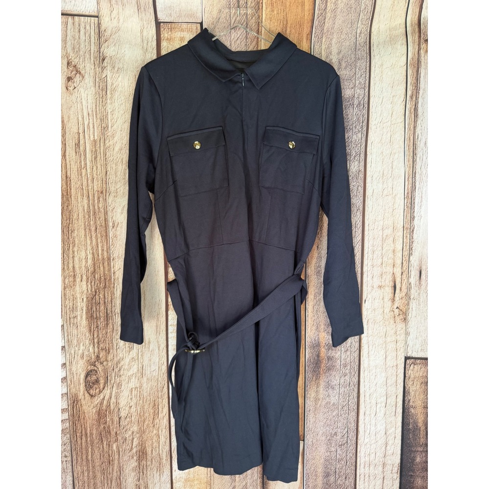 Talbots Belted Shirt Dress Long Sleeve Gold Button Navy Blue Size 18 Classic NWT